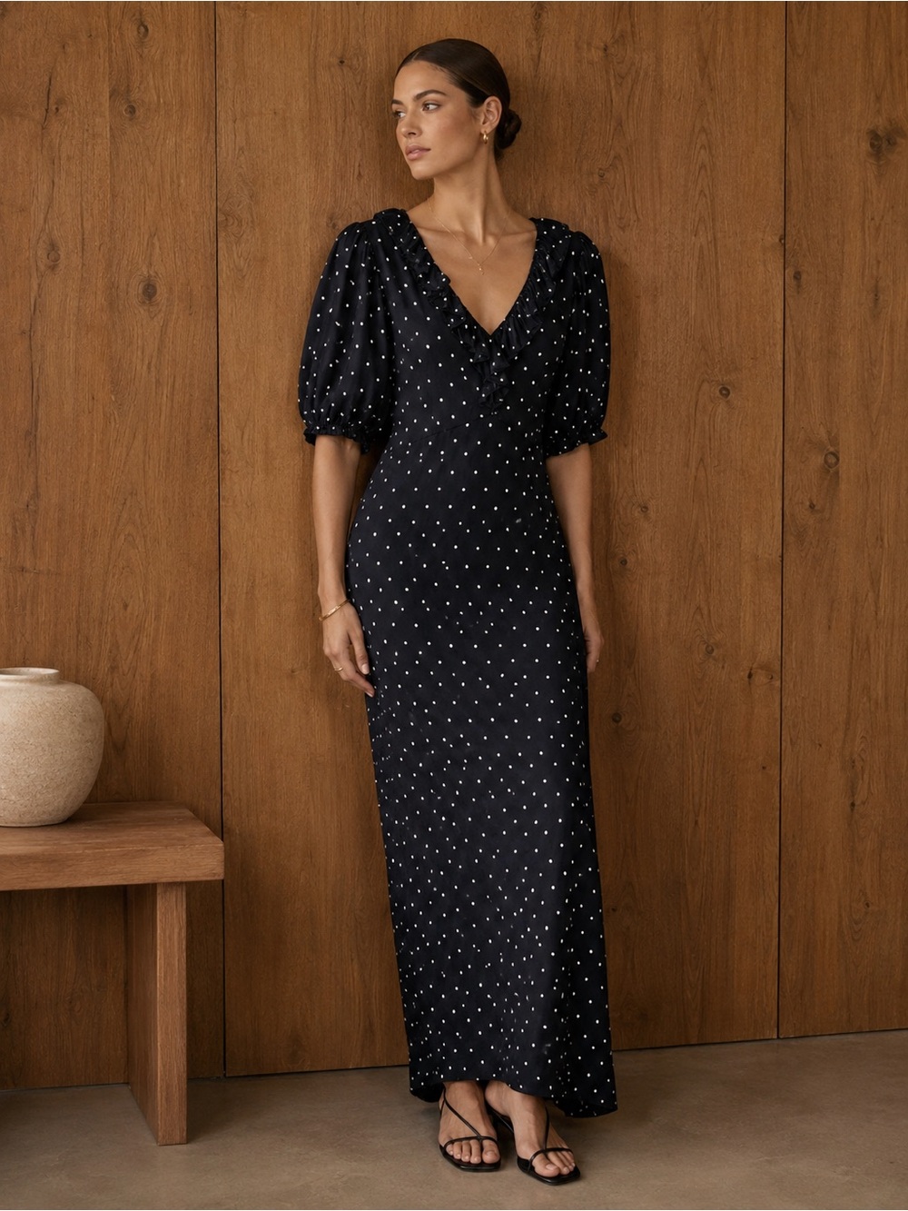 GAP Black Polka Dot V-neck Puff Sleeve Maxi Dress